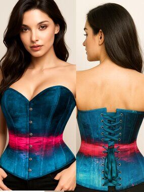 Steel Boned Longline Overbust Corset EU Blue Pink UK 36" / US 18 NWT